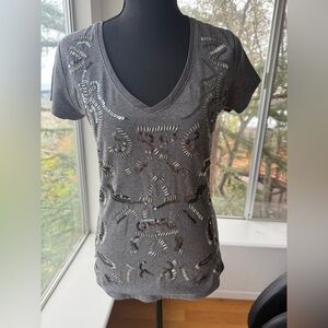 White House Black Market Charcoal Gray Embellished Cotton Short Sleeve Top XS